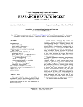 Accessibility of Automated Fare Vending and Collection for Customers with Disabilities