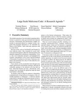 Large Scale Malicious Code: a Research Agenda ∗†