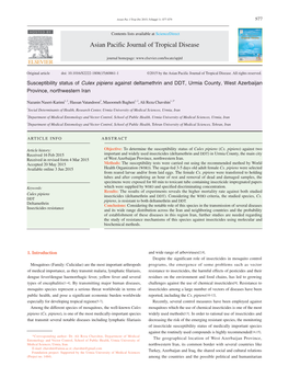 Susceptibility Status of Culex Pipiens Against Deltamethrin and DDT, Urmia County, West Azerbaijan Province, Northwestern Iran