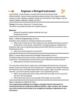 Engineer a Stringed Instrument in This Activity, Youth Engineer a Musical Instrument That Produces Three Different Pitches