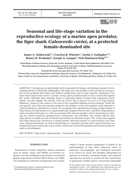 Seasonal and Life-Stage Variation in the Reproductive Ecology of a Marine Apex Predator, the Tiger Shark Galeocerdo Cuvier, at a Protected Female-Dominated Site