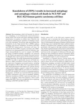 Knockdown of ZFPL1 Results in Increased Autophagy and Autophagy‑Related Cell Death in NCI‑N87 and BGC‑823 Human Gastric Carcinoma Cell Lines