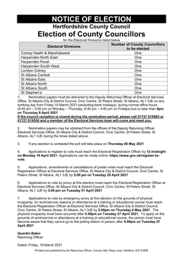 NOTICE of ELECTION Election of County Councillors