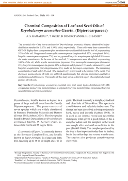 Chemical Composition of Leaf and Seed Oils of Dryobalanops Aromatica Gaertn