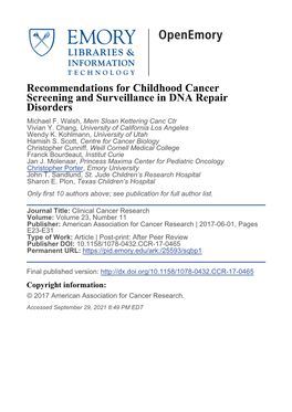 Recommendations for Childhood Cancer Screening and Surveillance in DNA Repair Disorders Michael F