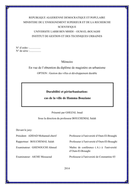 Mémoire En Vue De L'obtention Du Diplôme De Magistère En Urbanisme Durabilité Et Périurbanisation: Cas De La Ville De H