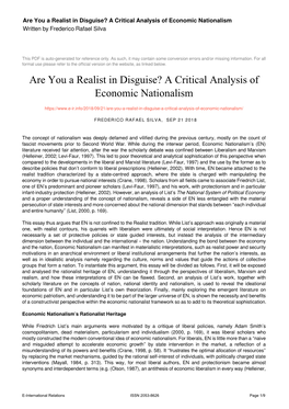 A Critical Analysis of Economic Nationalism Written by Frederico Rafael Silva