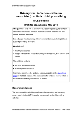 Urinary Tract Infection (Catheter- Associated): Antimicrobial Prescribing NICE Guideline Draft for Consultation, May 2018