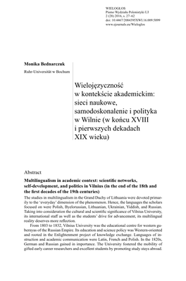 Wielojęzyczność W Kontekście Akademickim: Sieci Naukowe, Samodoskonalenie I Polityka W Wilnie (W Końcu XVIII I Pierwszych Dekadach XIX Wieku)