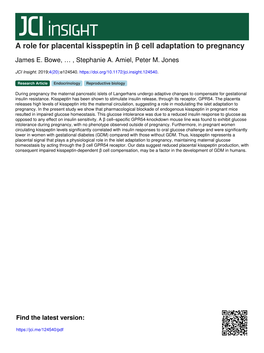 A Role for Placental Kisspeptin in Β Cell Adaptation to Pregnancy