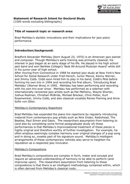 Statement of Research Intent for Doctoral Study (1000 Words Excluding Bibliography)