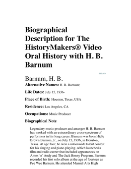 Biographical Description for the Historymakers® Video Oral History with H