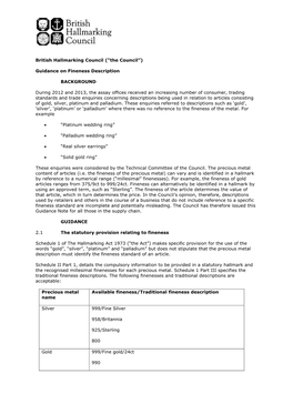 Guidance on Fineness Description for Precious Metal Articles