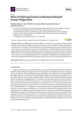 Roles of Splicing Factors in Hormone-Related Cancer Progression