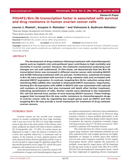 POU4F2/Brn-3B Transcription Factor Is Associated with Survival and Drug Resistance in Human Ovarian Cancer Cells