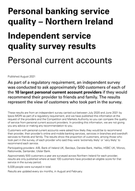 Northern Ireland Independent Service Quality Survey Results Personal Current Accounts