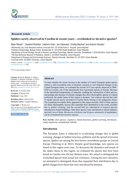 Spiders Newly Observed in Czechia in Recent Years – Overlooked Or Invasive Species?