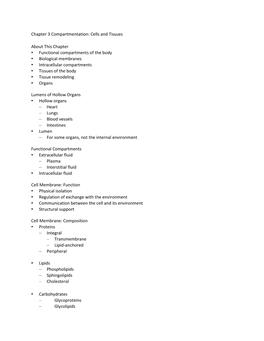 Cells and Tissues About This Chapter • Functional Compartments of the Body • Biological Membrane