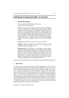 Inadequate Housing and Health: an Overview. Int. J. of Environment and Pollution 30