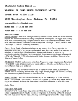 Standing Match Rules (2020) WESTERN PA LONG RANGE GROUNDHOG MATCH South Fork Rifle Club 1085 Washington Ave. Sidman, Pa. 15955