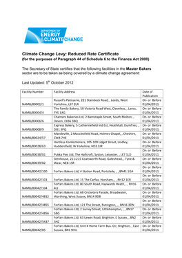 Climate Change Levy: Reduced Rate Certificate (For the Purposes of Paragraph 44 of Schedule 6 to the Finance Act 2000)