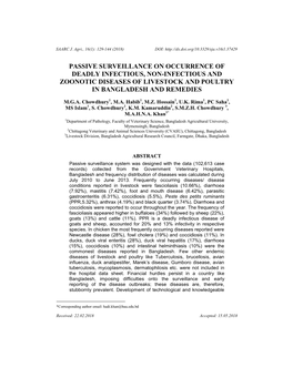 Passive Surveillance on Occurrence of Deadly Infectious, Non-Infectious and Zoonotic Diseases of Livestock and Poultry in Bangladesh and Remedies