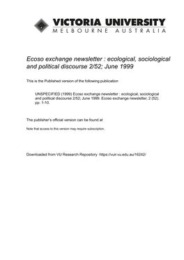 Ecoso Exchange Newsletter Crow Collection Association Ecological, Sociological and Political Discourse