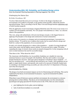 Understanding ADA, UD, Visitability, and Enabling Design Article (From the American Planning Association’S Planning Magazine, Feb