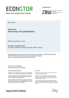 Mpifg Working Paper 97/5, David Held: Democracy and Globalization