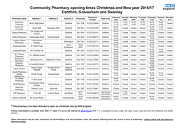 Community Pharmacy Opening Times Christmas and New Year 2016/17 Dartford, Gravesham and Swanley