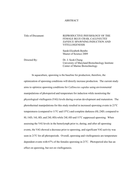 Reproductive Physiology of the Female Blue Crab, Callinectes Sapidus : Spawning Induction and Vitellogenesis