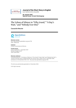 Journal of the Short Story in English, 49 | Autumn 2007 the Values of Silence in “Fifty Grand,” “A Day’S Wait,” and “Nobody Ever Dies” 2