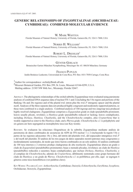 Generic Relationships of Zygopetalinae (Orchidaceae: Cymbidieae): Combined Molecular Evidence