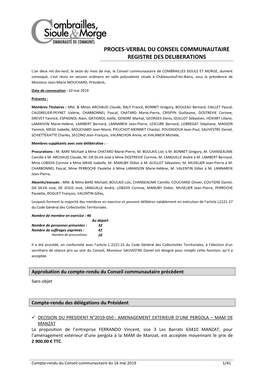 Proces-Verbal Du Conseil Communautaire Registre Des Deliberations