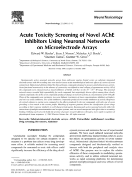 Acute Toxicity Screening of Novel Ache Inhibitors Using Neuronal Networks on Microelectrode Arrays Edward W