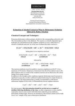 Estimation of Alcohol Content in Wine by Dichromate Oxidation Followed by Redox Titration