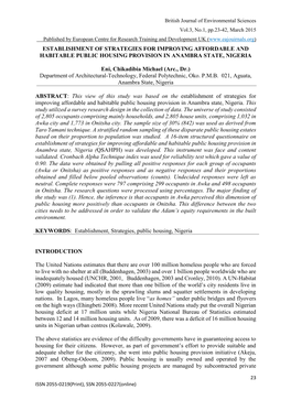 ESTABLISHMENT of STRATEGIES for IMPROVING AFFORDABLE and HABITABLE PUBLIC HOUSING PROVISION in ANAMBRA STATE, NIGERIA Eni, Chika