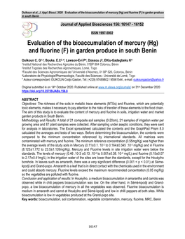 (Hg) and Fluorine (F) in Garden Produce in South Benin