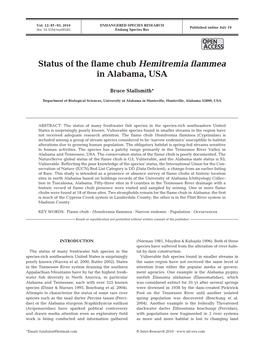 Status of the Flame Chub Hemitremia Flammea in Alabama, USA