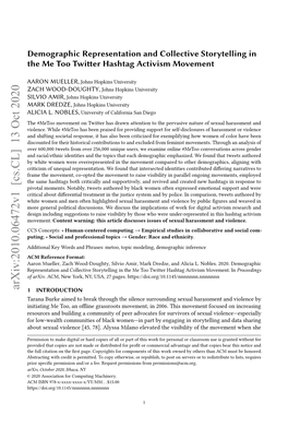 Demographic Representation and Collective Storytelling in the Me Too Twitter Hashtag Activism Movement