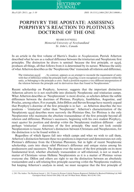 Assessing Porphyry's Reaction to Plotinus's Doctrine of The