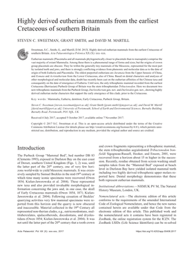 Highly Derived Eutherian Mammals from the Earliest Cretaceous of Southern Britain