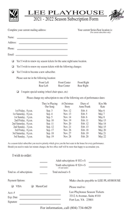 LEE PLAYHOUSE 2021 - 2022 Season Subscription Form