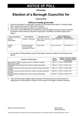 NOTICE of POLL Election of a Borough Councillor