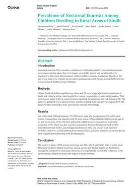 Prevalence of Nocturnal Enuresis Among Children Dwelling in Rural Areas of Sindh
