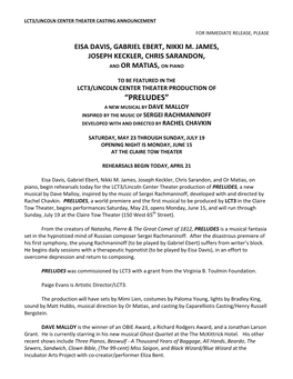 “Preludes” a New Musical by Dave Malloy Inspired by the Music of Sergei Rachmaninoff Developed with and Directed by Rachel Chavkin