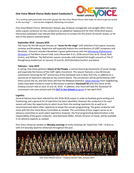 One Voice Mixed Chorus Seeks Guest Conductor/S