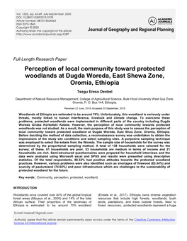 Perception of Local Community Toward Protected Woodlands at Dugda Woreda, East Shewa Zone, Oromia, Ethiopia