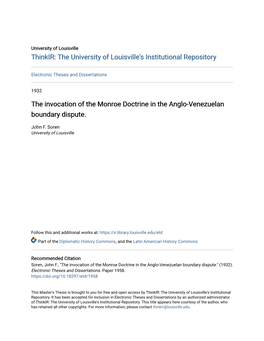 The Invocation of the Monroe Doctrine in the Anglo-Venezuelan Boundary Dispute