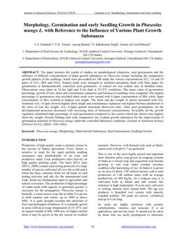 Morphology, Germination and Early Seedling Growth in Phaseolus Mungo L. with Reference to the Influence of Various Plant Growth Substances